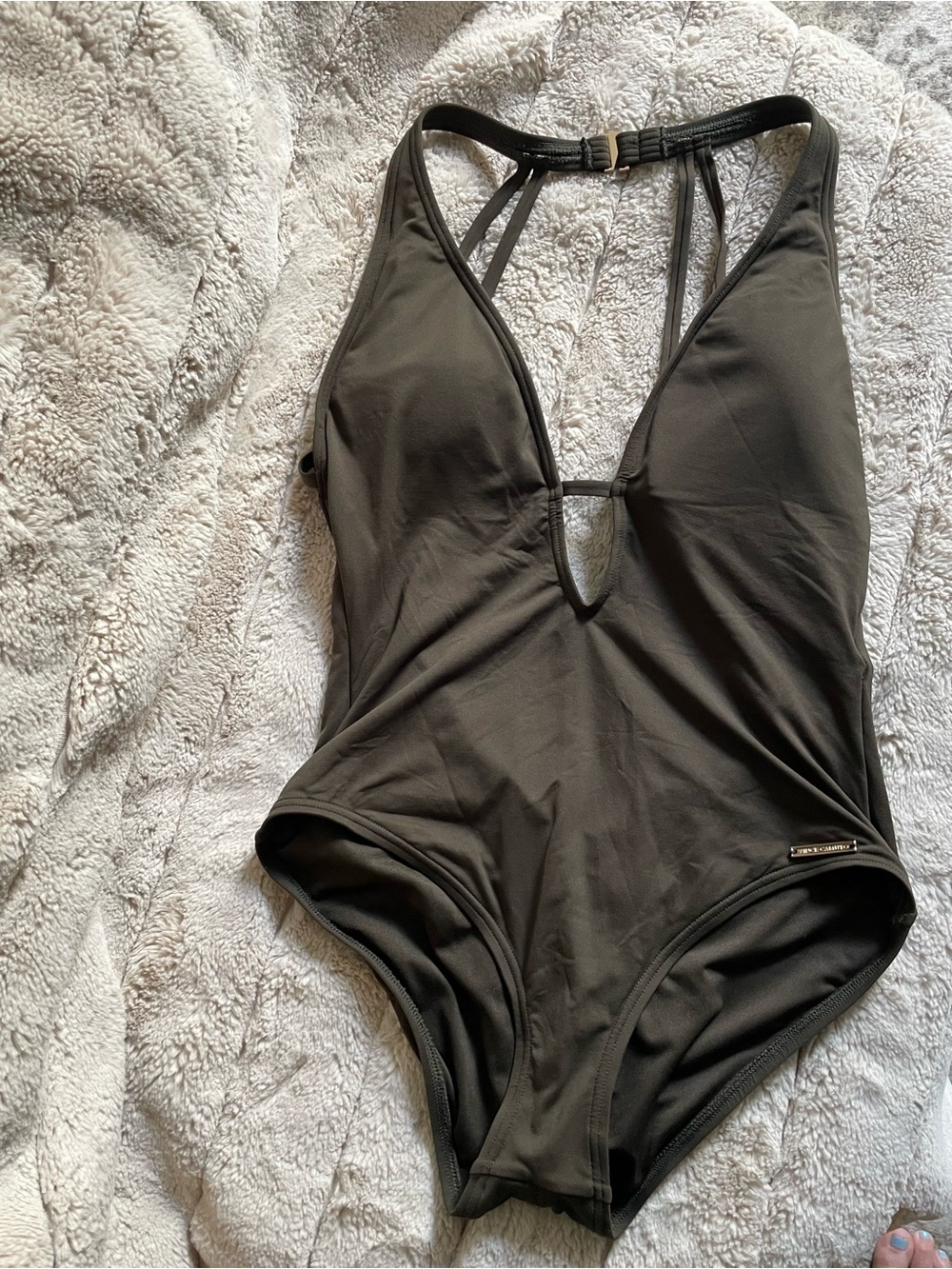 Vince Camuto Black One-Piece Swimsuit with Gold Logo Plaque